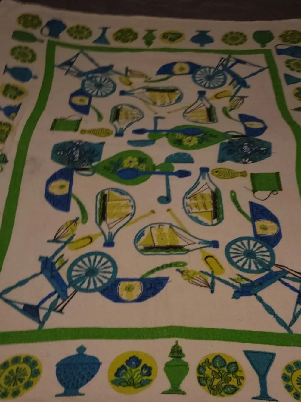 Vintage MCM Kitschy Kitchen Fabric Spice Vegetables Blue Green Brown Table Cloth